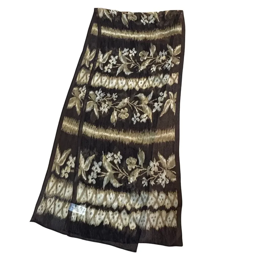 Vintage Y2K Jacqueline Ferrar sheer silk scarf cream & brown tribal rectangle